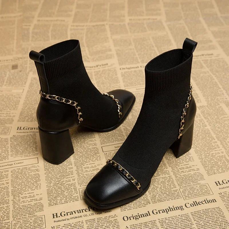 Fashion Autumn Women Knit Ankle Boots Fashion Slip On Slimming Short Booties Autumn Winter Female Thick Heel Shoes