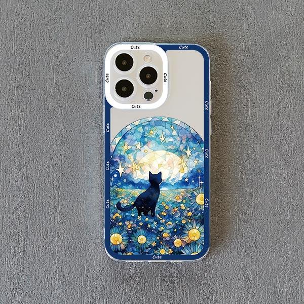Coque de téléphone Chat Ciel Étoilé pour iPhone 13 12 Pro Max 15 14 Pro Max Plus 11 XR XS X 8 7 Plus SE 2020 Coque Arrière Souple Transparente Fundas