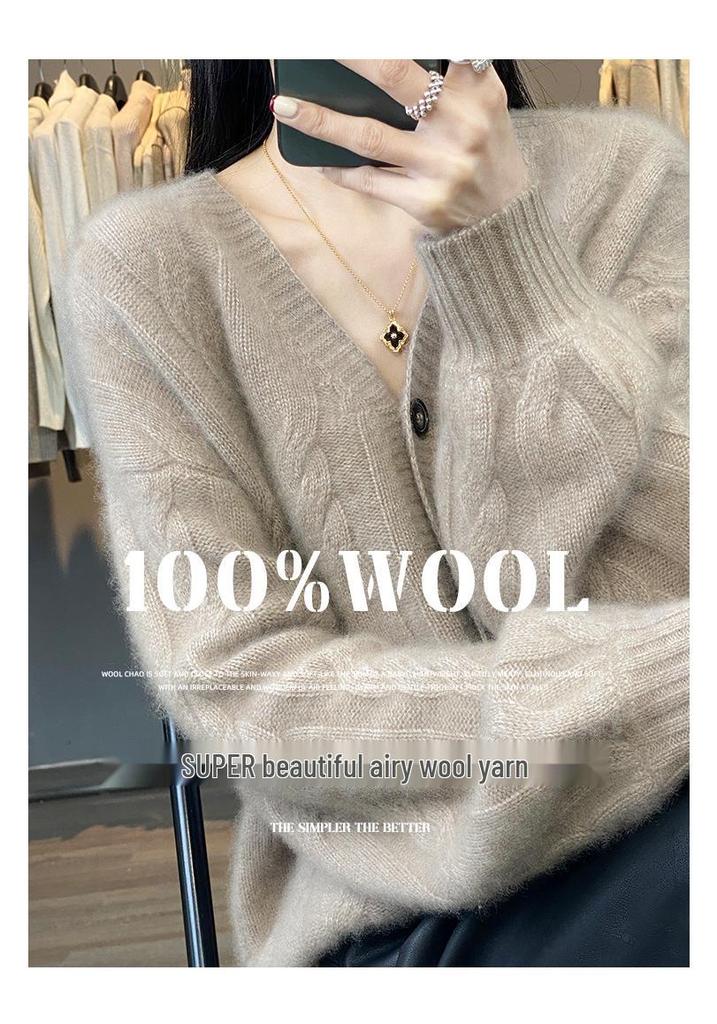 Women's Thickened Cashmere Cable Knit V-Neck Cardigan Sweater