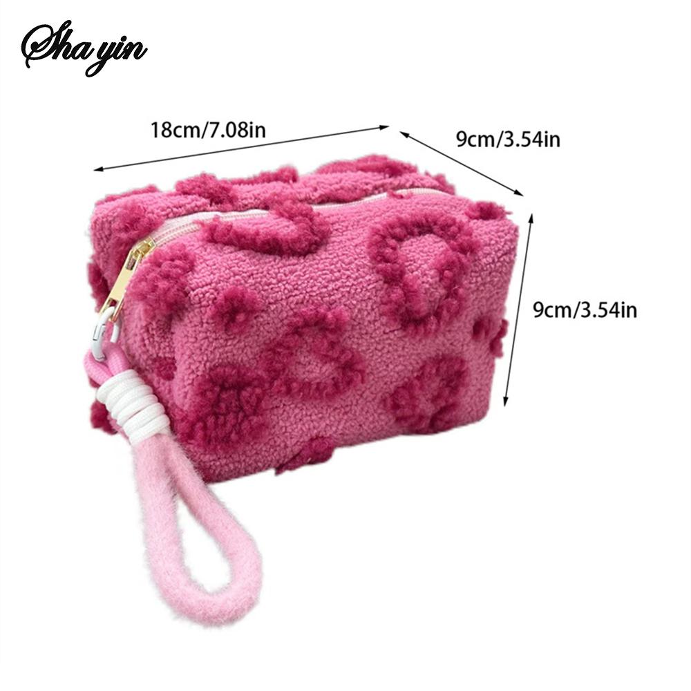 Plush Makeup Bags with Handle Soft Travel Cosmetic Storage Bag Portable Love Print Organizer Pencil Case Cute Clutch Pouch