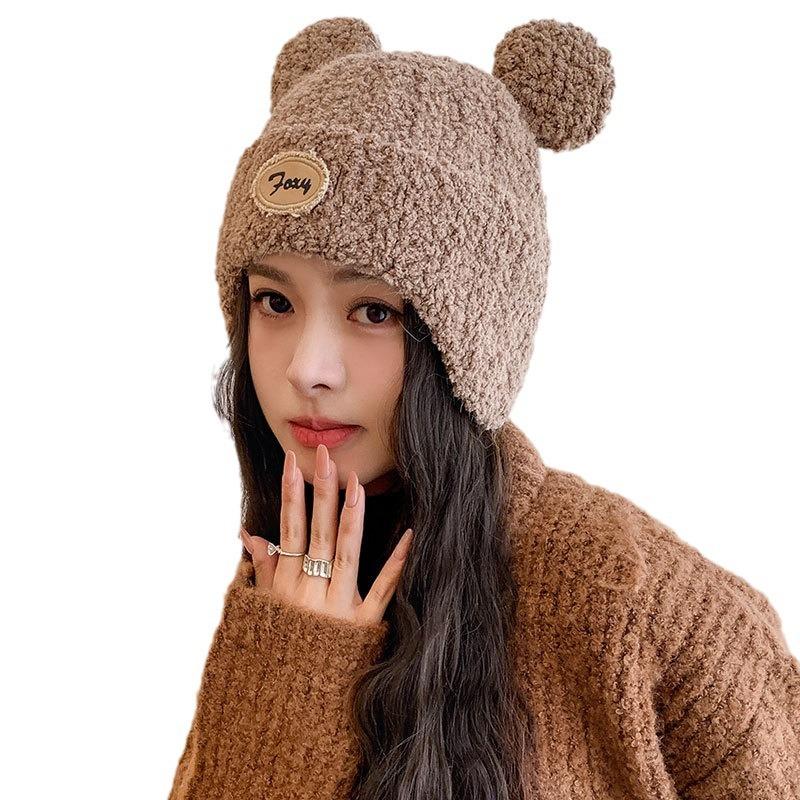 Cartoon bear plush thread warm hat women winter pullover ear protector knitted hat trendy face small cycling hat