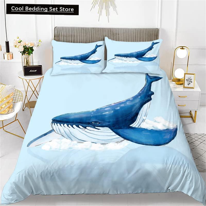 Whales King Queen Duvet Cover Ocean Animal Bedding Set Seaweed Starfish Marine Life Quilt Cover Blue Polyester Comforter Cover