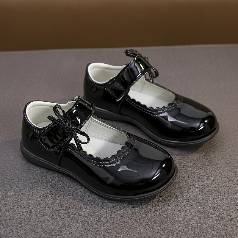 Girls Black Performance Shoes Glossy Kids Leather Shoes Pu Simple Bow 2025 Brand New Children Flat Shoes Round Toes Versatile