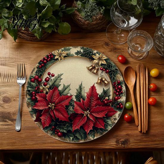 Non Slip Kitchen Decor Round Christmas Placemat, 14 Inch Festive Pattern Anti Tabletop Protector, Scald Table Cover Heat Insulation Place Mat