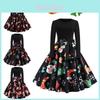 Plus Size Xmas Women's Santa Claus Print Long Sleeve Retro Swing Dress