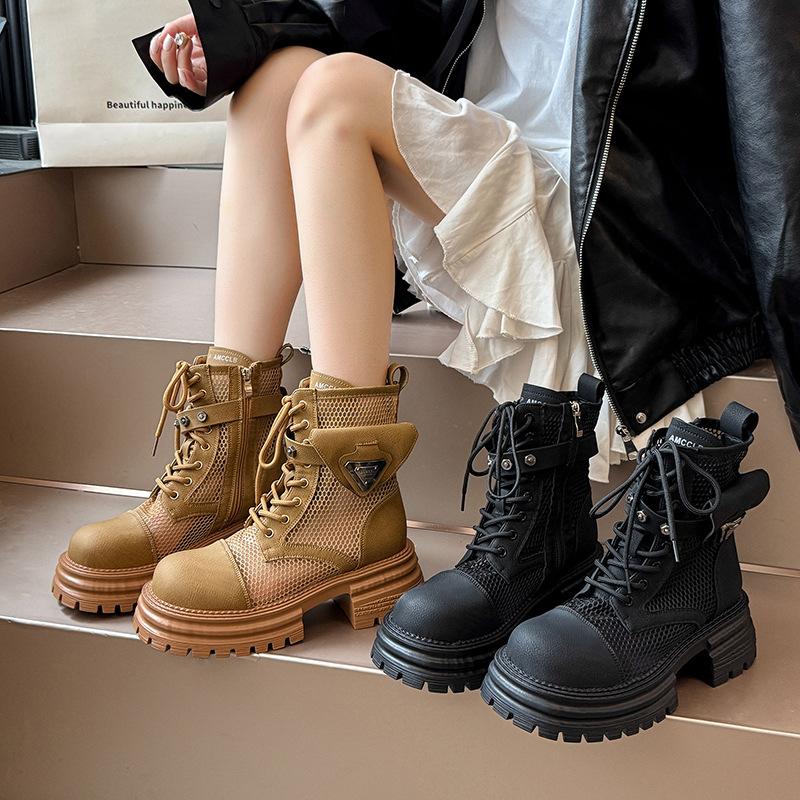 Thick-soled Lace-up Mesh Martin Boots 2025 Summer New Fashionable Versatile Comfortable Hollow Breathable Muffin Bottom Cool Boots