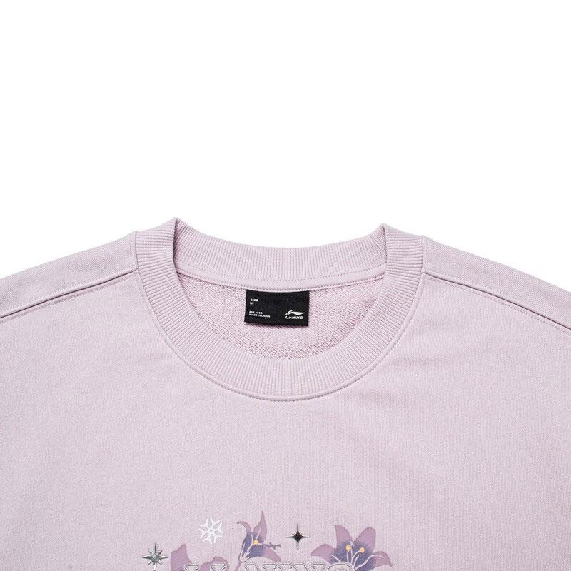 Li-Ning Floral Letter Print Loose Round Neck Pullover Sweatshirt Women Tops Lotus-Pink Purple AWDT818-4
