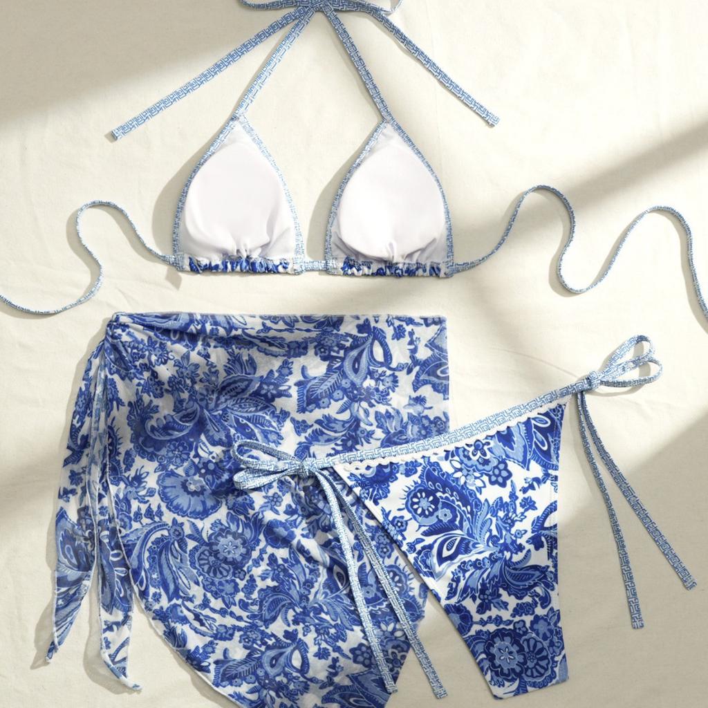 European And American Apron Three-Piece Bikini Retro Printed Lace-Up Swimsuit Women'S Swimsuit