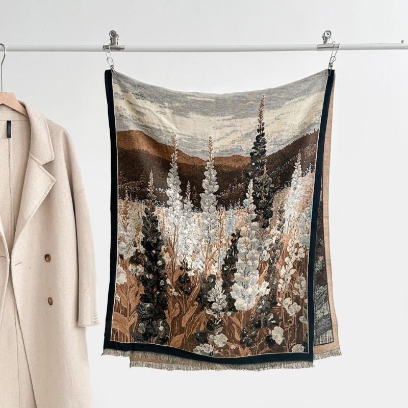Autumn and winter new plant and flower printing scarf imitation cashmere fringed scarf women's high-end warm shawl