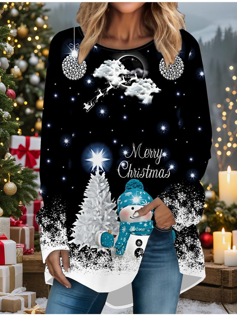 Taglie Forti Donna Primavera Natale Pupazzo di Neve Stampata Comoda Manica Lunga Girocollo T-shirt Casual Larga Media Lunghezza Maglietta Top