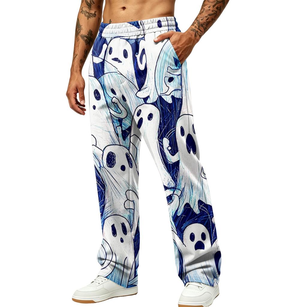 Men's Loose Fit Wide Leg Joggers with Pockets - Printed Casual Sweatpants for Sports and Daily Wear