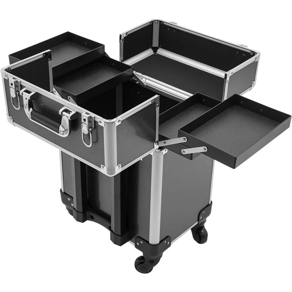 Travel Beauty Luggage Portable Large Capacity Makeup Train Case, with 2 Keys and 4 Universal Wheels Black/Pink