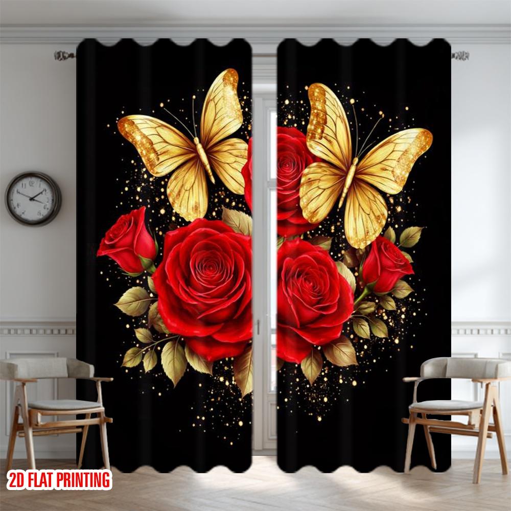 2D flat printing 2pcs Curtain Window Drapes Valentine's Roses and Butterflies Digital Printed Polyester Drapes Family Party