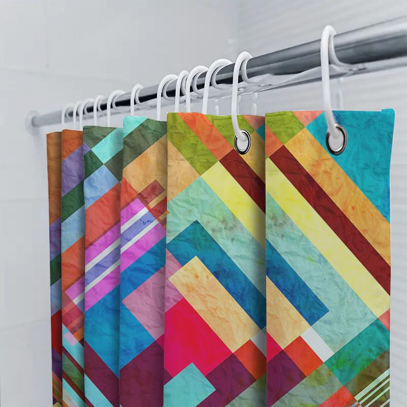 Modern Bold Bathroom Decor: Colorful Geometric Shower Curtain For Bathtub Area Easy Install, Water-Resistant Fabric