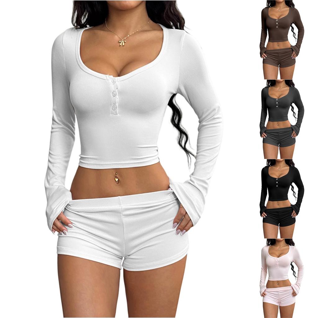 Women's Soft Sports Yoga High Waist Drawstring Casual Buttons Top Shorts Set