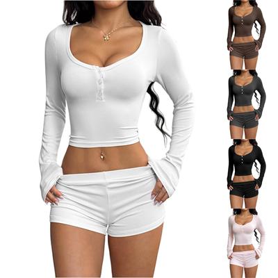 Conjunto Feminino Macio Esportivo Yoga Cintura Alta Cordão Casual Botões Top Shorts
