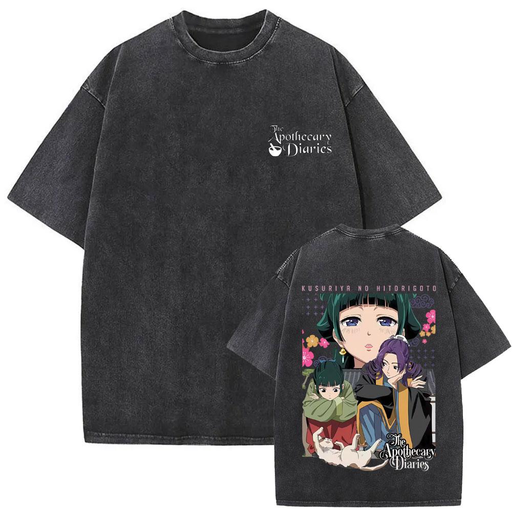 Gewaschenes Vintage Japanischer Anime The Apothecary Diaries Maomao Doppelseitiger Druck T-Shirt Herren Damen Freizeit Kawaii Lustige T-Shirts