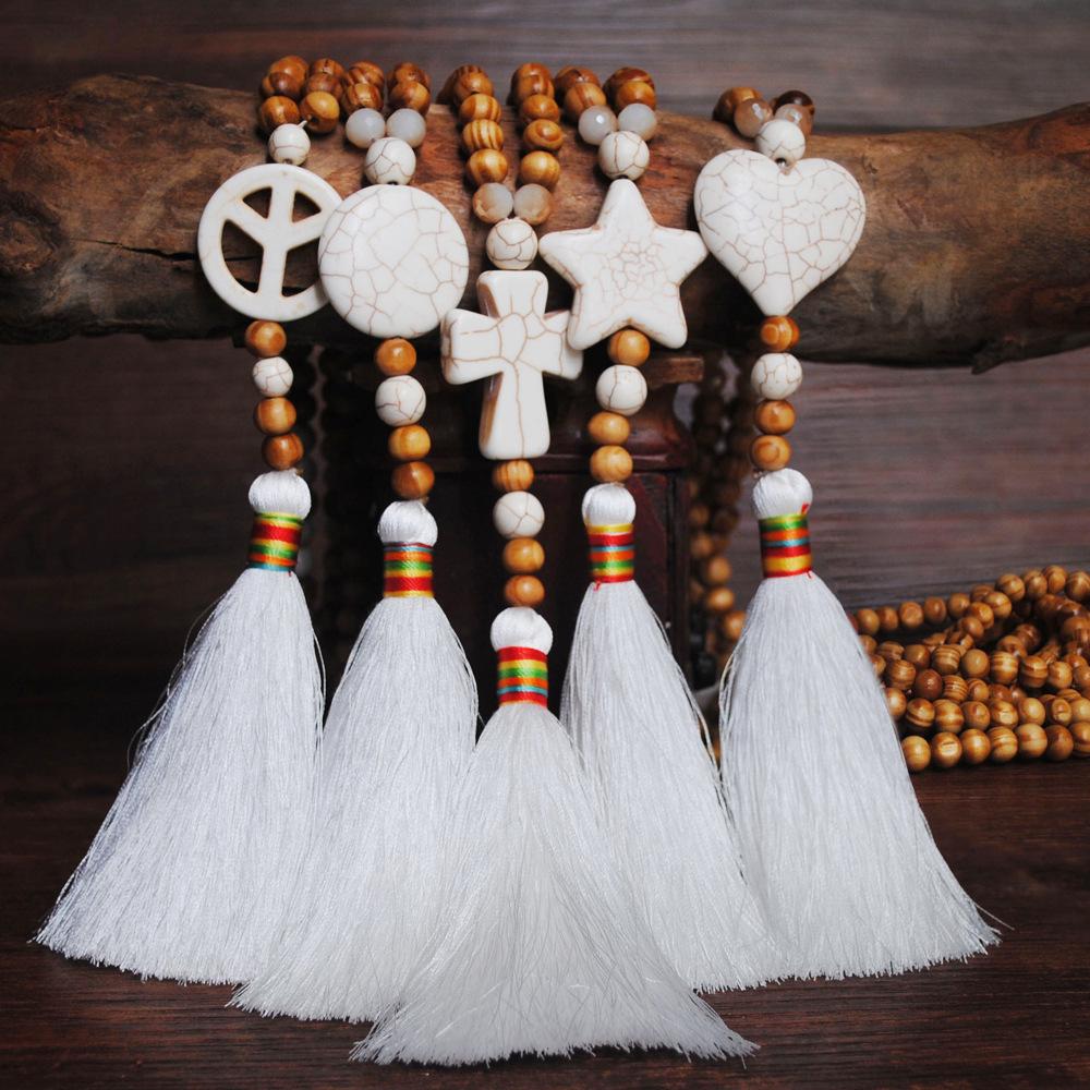 Handmade Wooden Bead Necklace Women's Versatile Long Fringed Sweater Chain Cross Necklace Jewelry