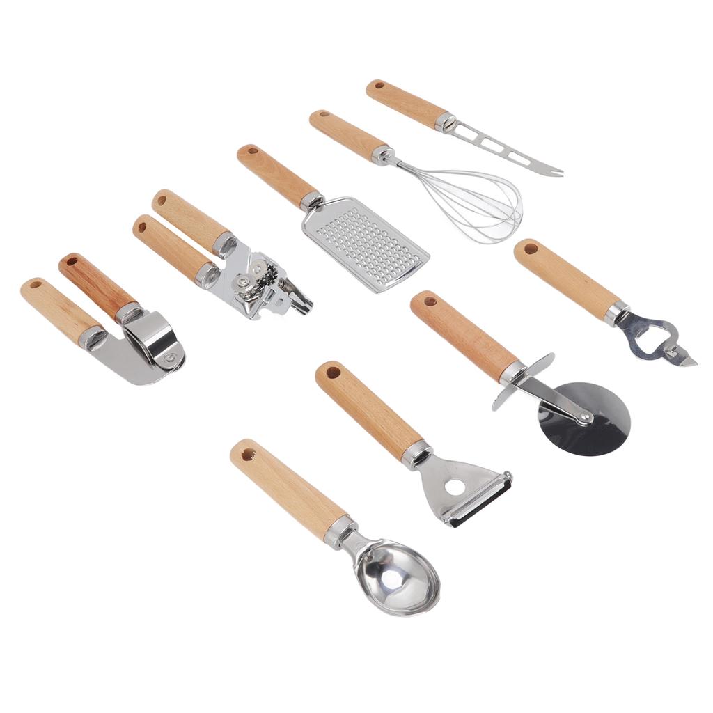 9pcs Kitchen Utensils Wooden Handle Stainless Steel Easy Cleaning Wear Resistant Colorful Package Co