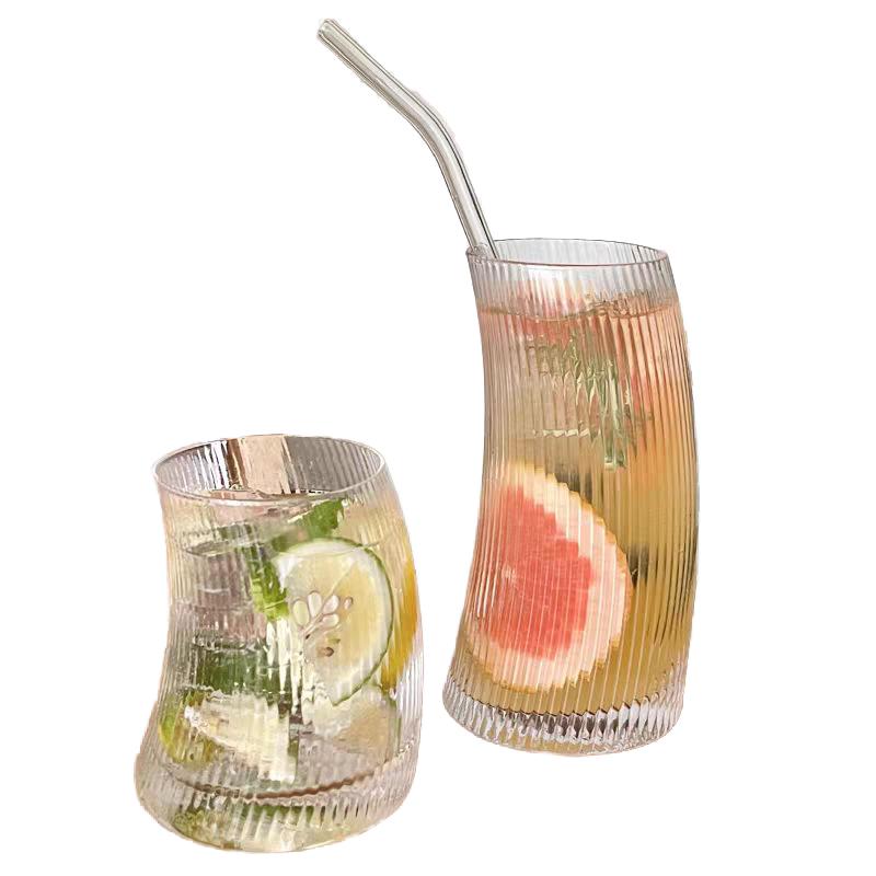 11-17oz Ribbed Glass Tumbler Crescent Moon Shaped Highball Cocktail Cups Yacht Drinkware