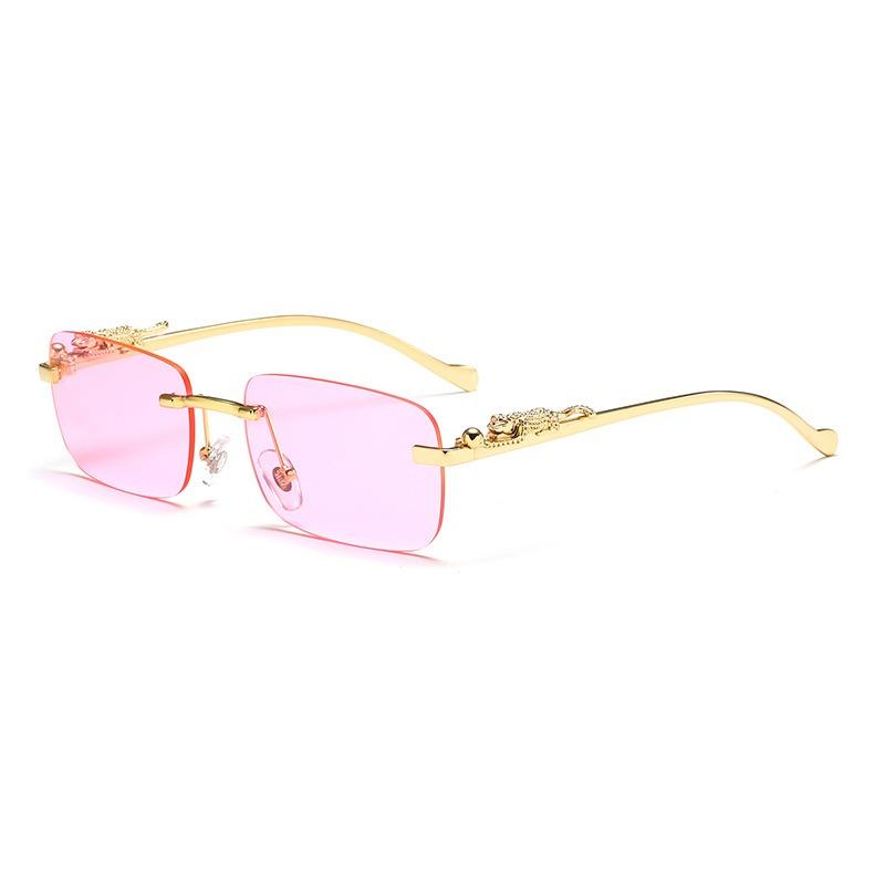 Rimless Square Fashion Fashion Glasses with Leopard Print Accents Golden - Tone Metal Frame Gradient Lenses