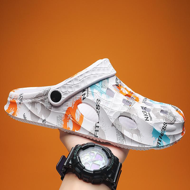 Men'S Casual Hole Shoes Breathable Hollow Bag Head Slippers Printed Non-Slip Outdoor Beach Sandals Men