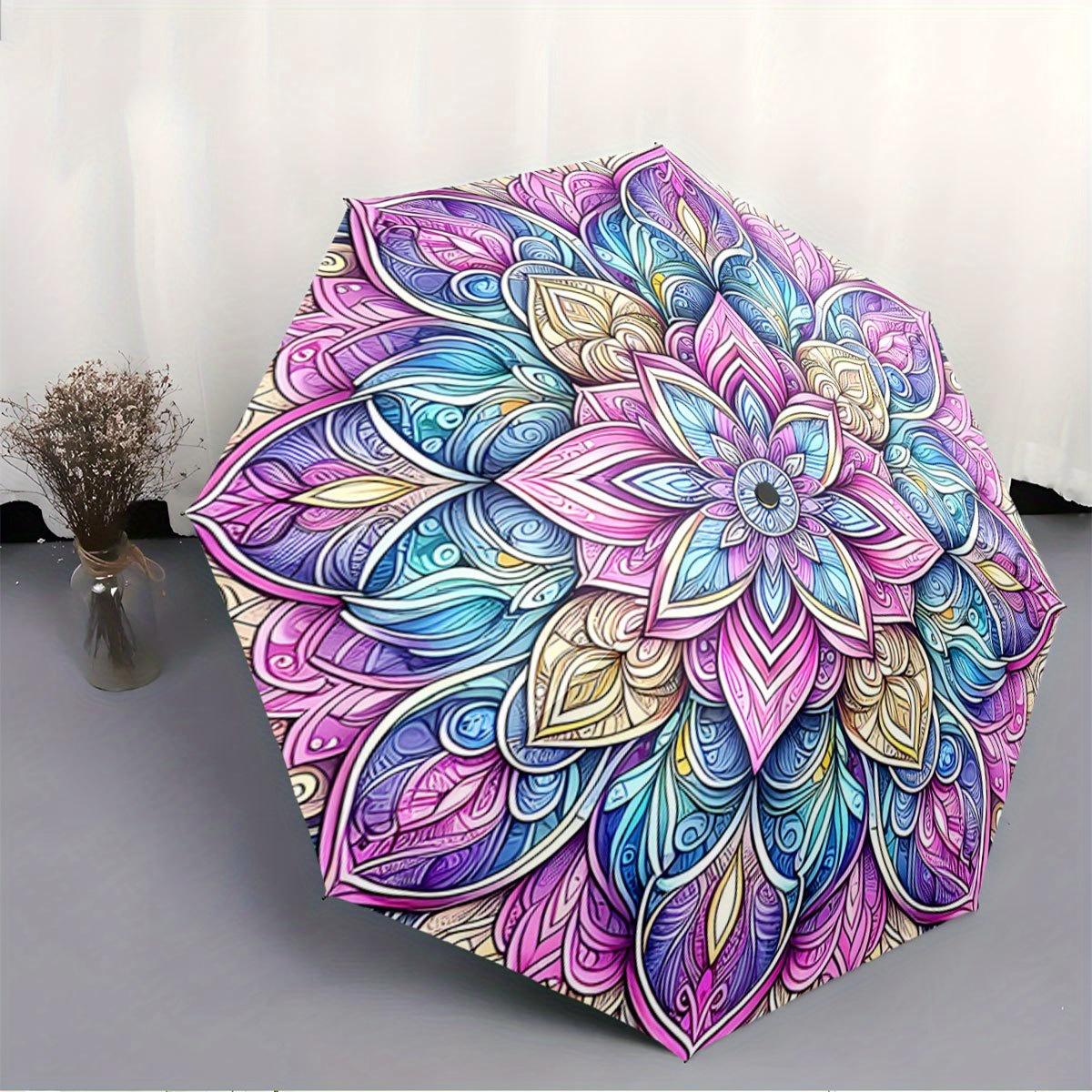 

Automatic Folding Umbrella Mandala pattern with vibrant colors. Portable collapsible design, casual outdoor accessory, for all (as the picture,Iron&8K)