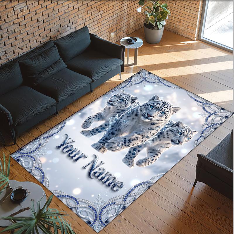 Leopard Theme Crystal Velvet Floor Rug Personalized Custom Name Text Warm Carpet Home Decoration