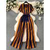 European and American Color Matching Striped Lace-up Waist-Tight Long Jumpsuit