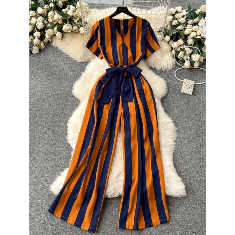 European and American Color Matching Striped Lace-up Waist-Tight Long Jumpsuit
