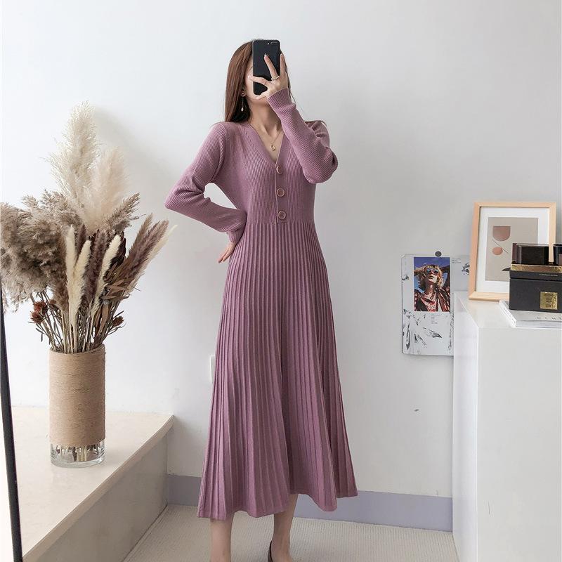 Knitted Dress for Women In Spring Solid Color Casual A-line Long Dress Long-sleeved Casual V-neck Sweater Dress