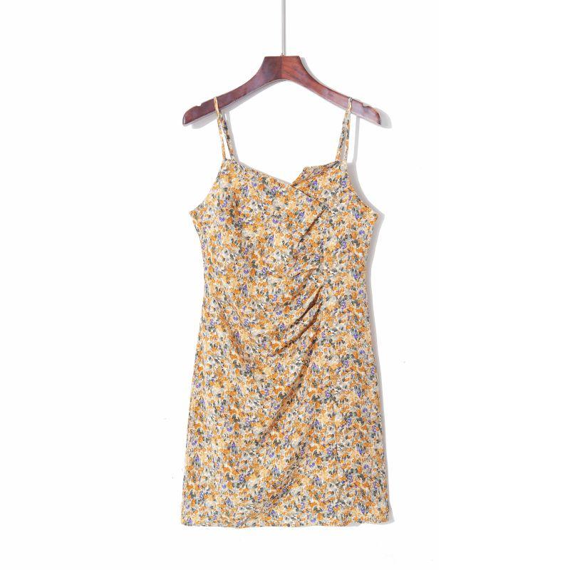 

2023 Summer Women s Fashion Style Lapel Smocking Silm Flab Hiding Nightclubs Thinner Suspender Skirt Fashionable Floral Dress Yellow printing M