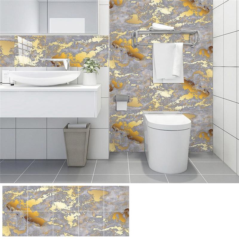 A03F-Style Golden Marble Pattern Tiles Sticker 10Pcs Oil-Proof Kitchen Backsplash Cupboard Waterproof Wall Decals Art