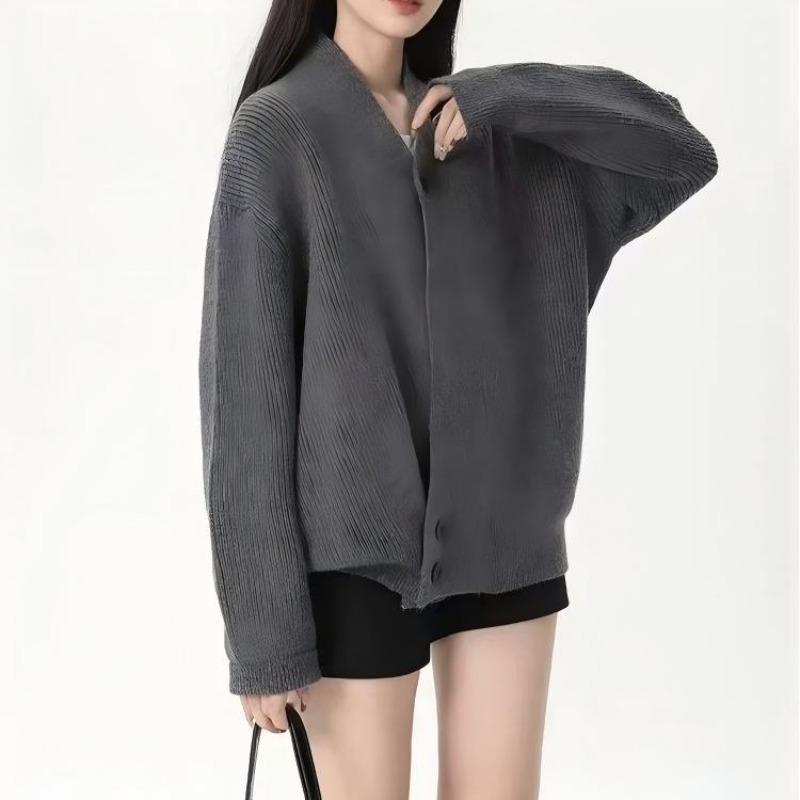 Autumn and winter new lazy loose V-neck knitted cardigan men's and women's versatile simple diagonal button sweater jacket