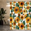 Tenda da Doccia Girasole - Girasole ad Acquerello e Foglie Verdi Arredo Bagno in Stile Fattoria, Floreale Rustico