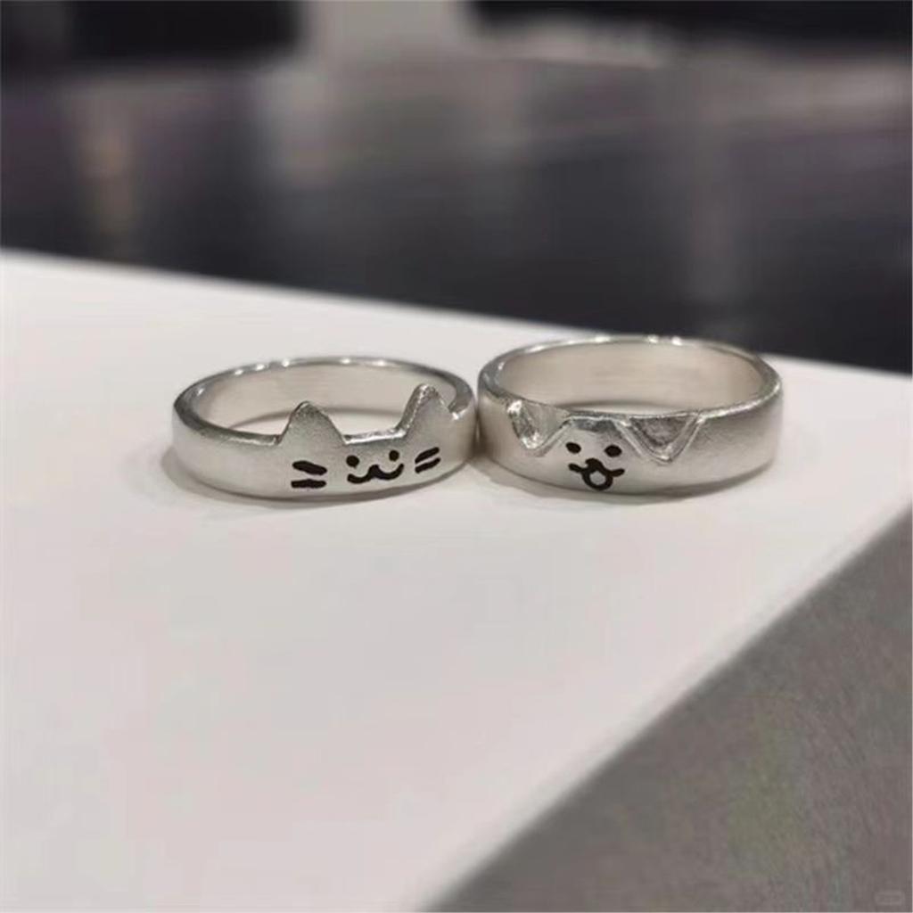 2pcs Adjustable Cute Cats and Dog Cartoon Ring for Women Adjustable Size Friendship Ring Fashion Engagement Jewelry