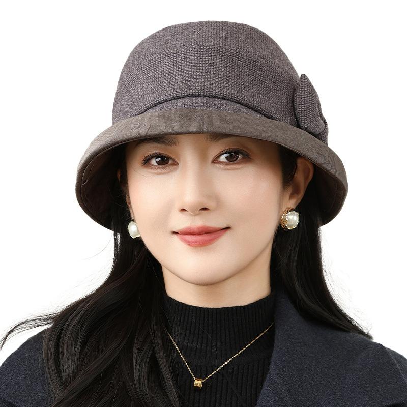 Middle-aged and Elderly Autumn and Winter Versatile Show Small Face Elegant Woolen Fashion Basin Hat Mother Temperament Bow Fisherman Hat