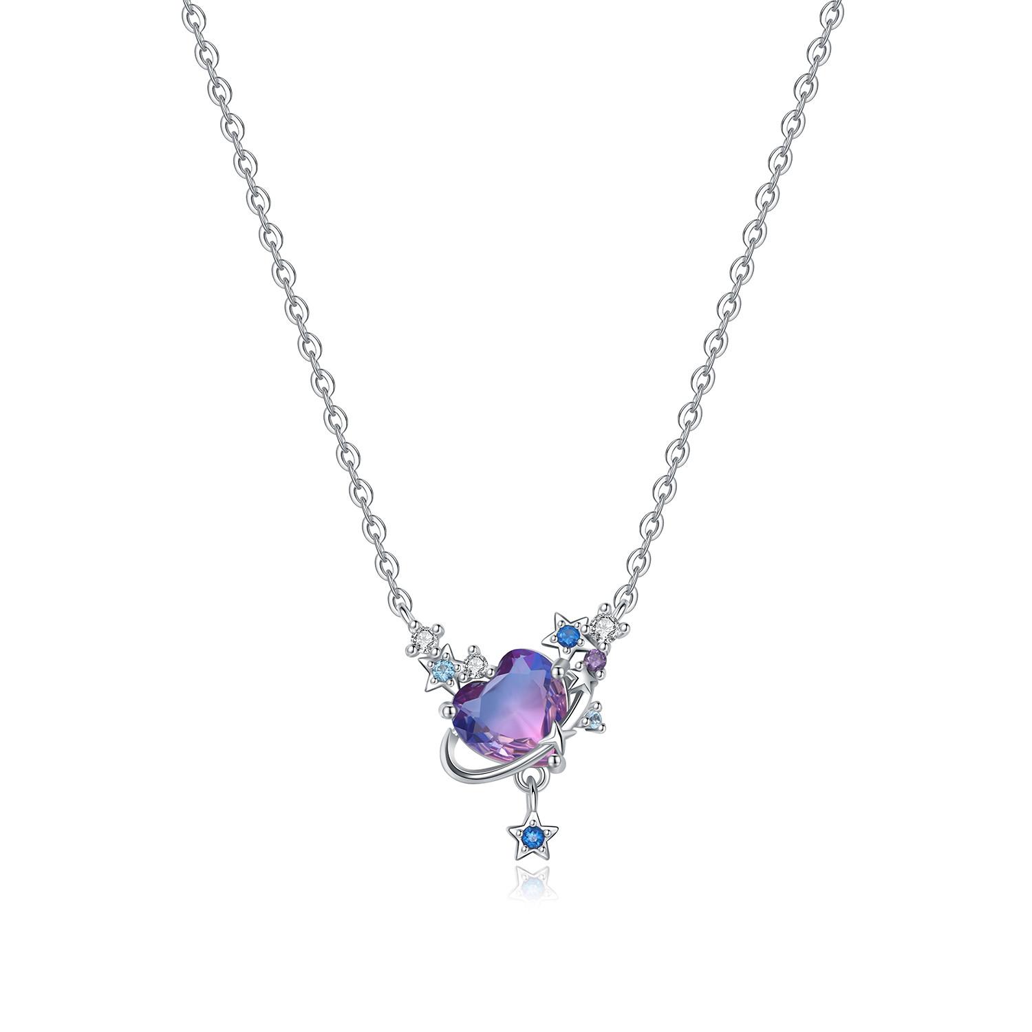 

925 Silver Purple Heart-shaped Zircon Necklace Pendant Necklace for Women Birthday Gifts Wedding Jewelry