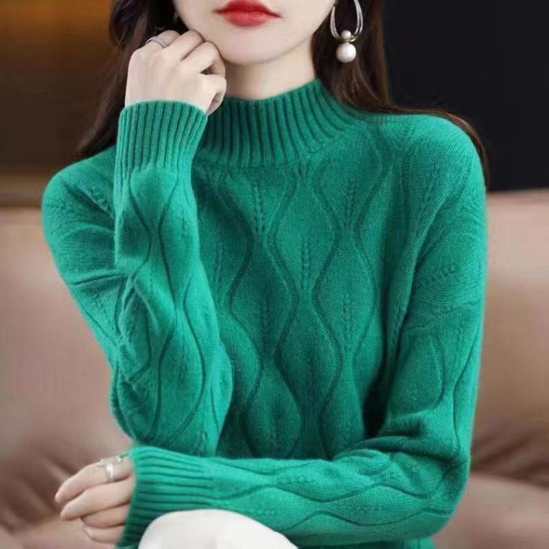 Solid Color Pullover Long Sleeve Sweater Knitted Elegant Screw Thread Women's Clothing Autumn Winter Half High Collar Tops