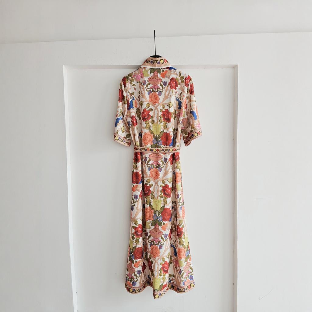 Exotic Temperament Floral Linen Shirt Skirt Girl, Summer Positioning Printed Dress Vacation Socialite Long Dress