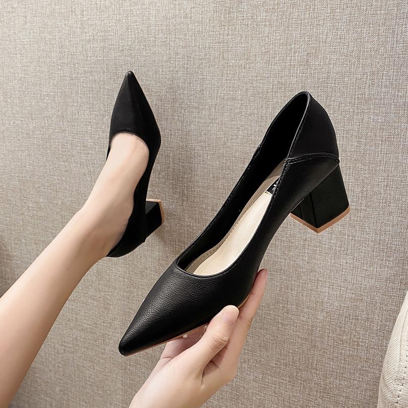 55 Pointed Thick Heel Shallow Mouth High Heels Soft Leather Commuter Professional Work Shoes New Single Shoes