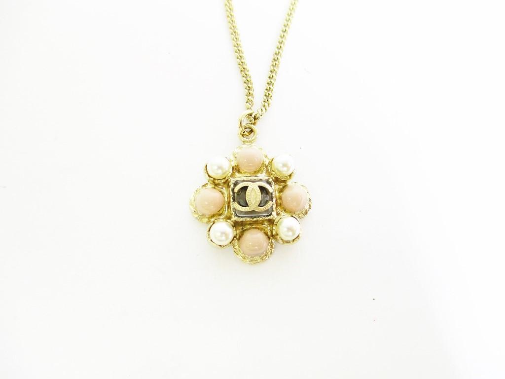 Authentic CHANEL CC Logo White and Light Pink Stone Gold Chain Necklace #7437 Seller refurbished