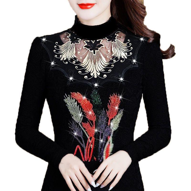 Women's Printed Stretch Base Shirt Slim Fit Lace Rhinestone Long Sleeve T-Shirt Fall Winter