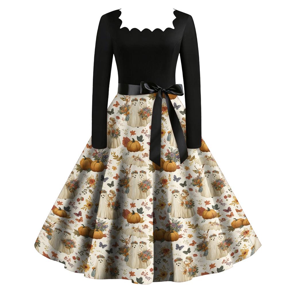 Women's Vintage Square Neck Long Sleeve Dress with Halloween Print for Evening Party
