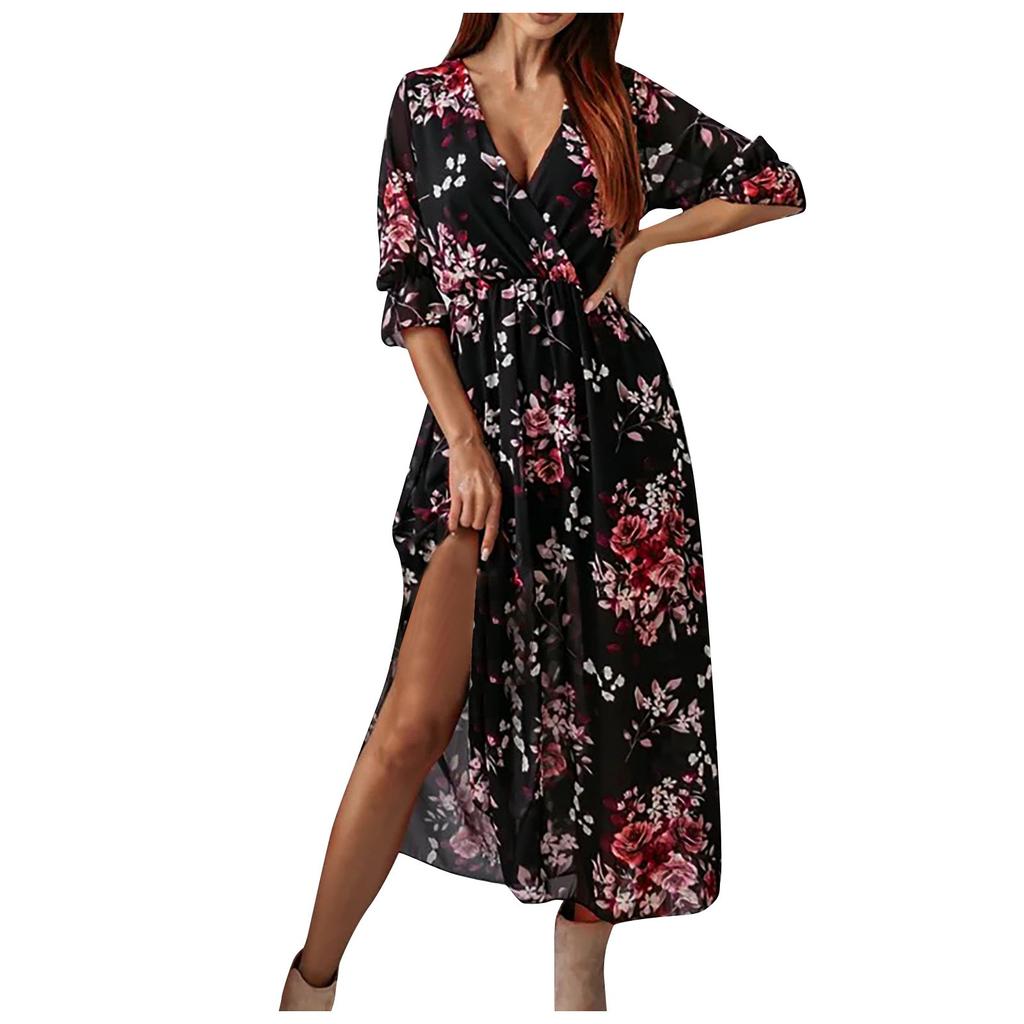 Damen-Pullover mit V-Ausschnitt, bedruckt, mittlere Taille, lässig, locker und dünn, Temperamentkleid