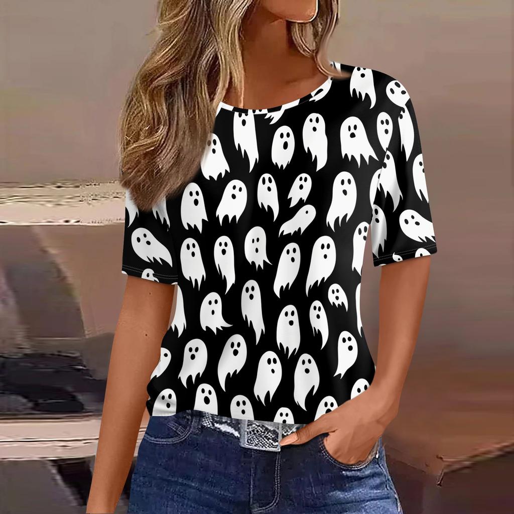 Women's Casual Short Sleeve Halloween Pullover Top with Bat and Pumpkin Print Round Neck Relaxed Fit Shirt for Fall Season