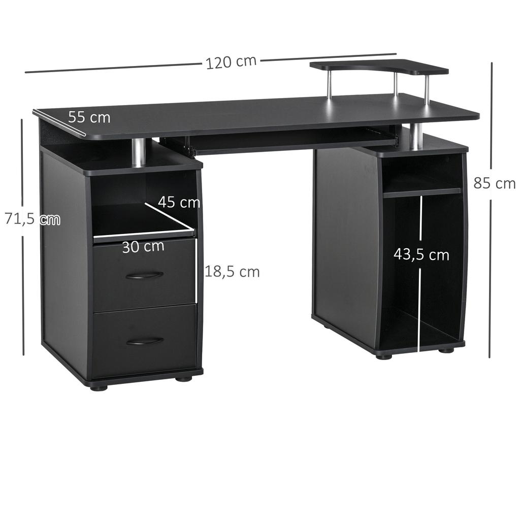 Computer Desk with Shelves, Drawer, Printer Stand, Keyboard Tray, 120 x 50 x 85 cm, Black