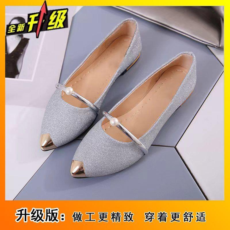 Fashion Pointed Low-heeled Pearl Single Shoes Versatile and Comfortable Shallow Mouth Foot Cover Women's Flat-soled Single Shoes 2025 Spring and Summ