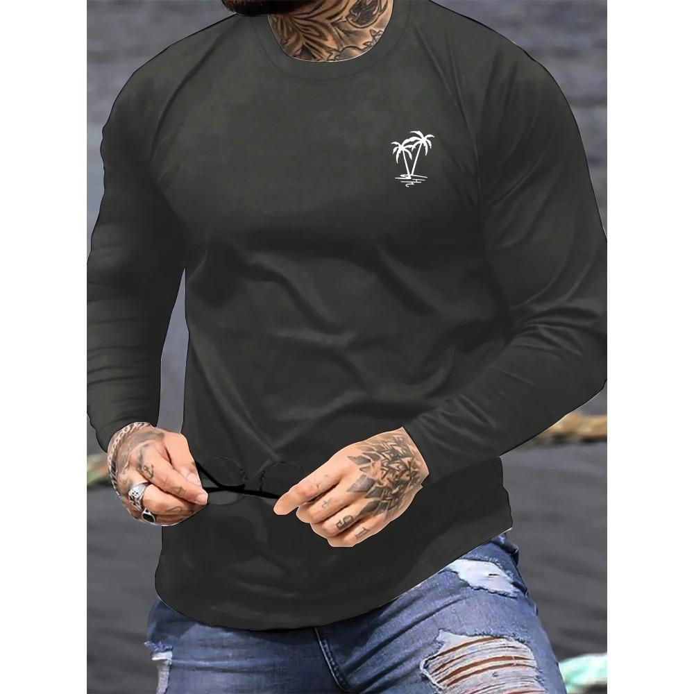 Comfortable Coconut Tree Pattern Men's Long Sleeve T-Shirt Round Neck Summer Design 100%Polyester Suitable for Outdoors