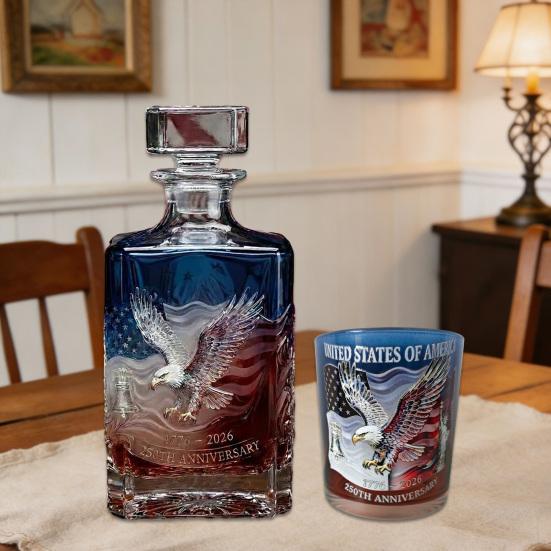 Proud Anniversary Decanter with Round Glass Engraved Historical Pattern Commemorative Wine Bottle Collectible Gift for History Buffs